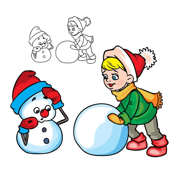 The boy makes a snowman — 图库矢量图片